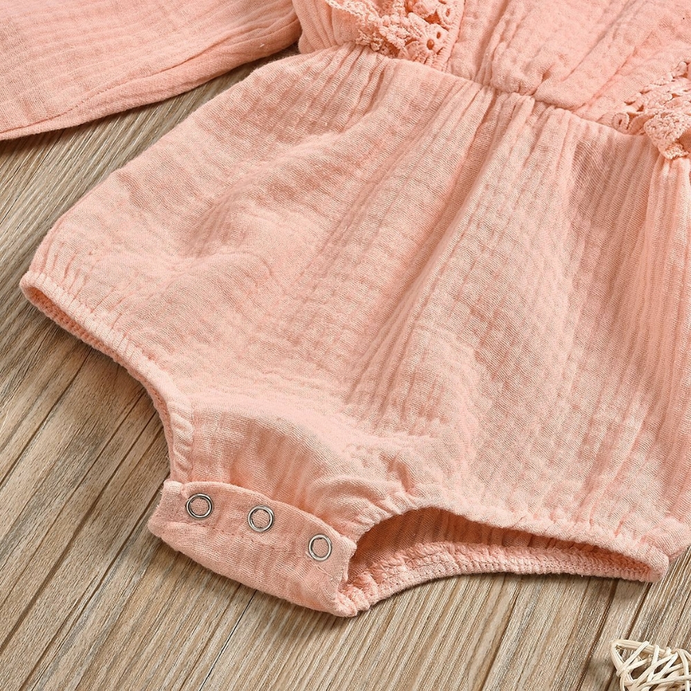 Coral Pink Long Sleeve Lace Muslin Baby Onesie & Matching Bow - Picture 5 of 8